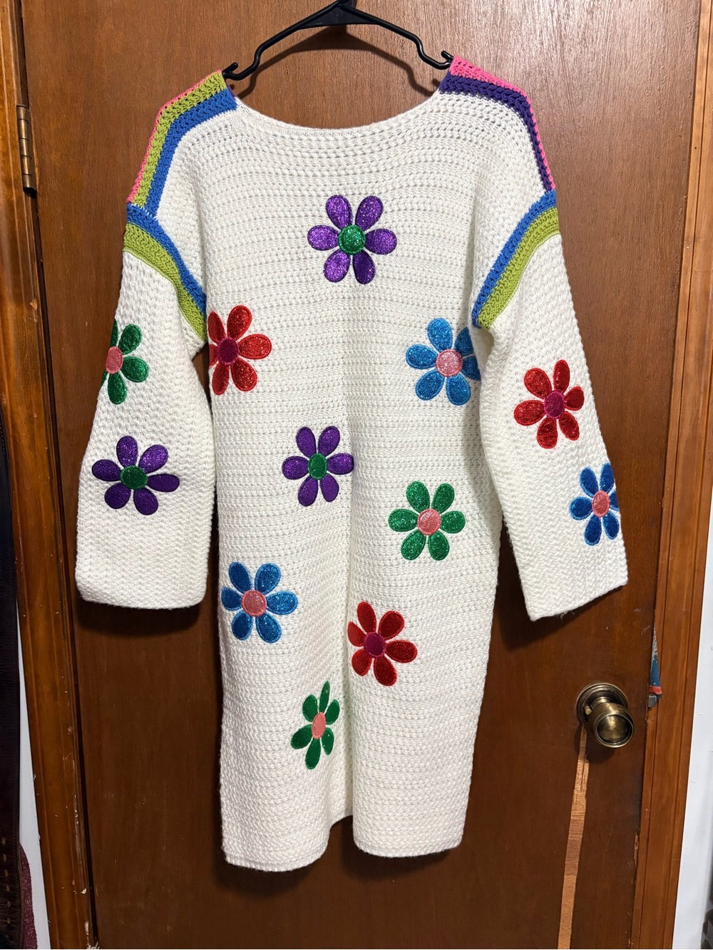 White Crochet Dress with Colorful Flower Appliqués-NWOT